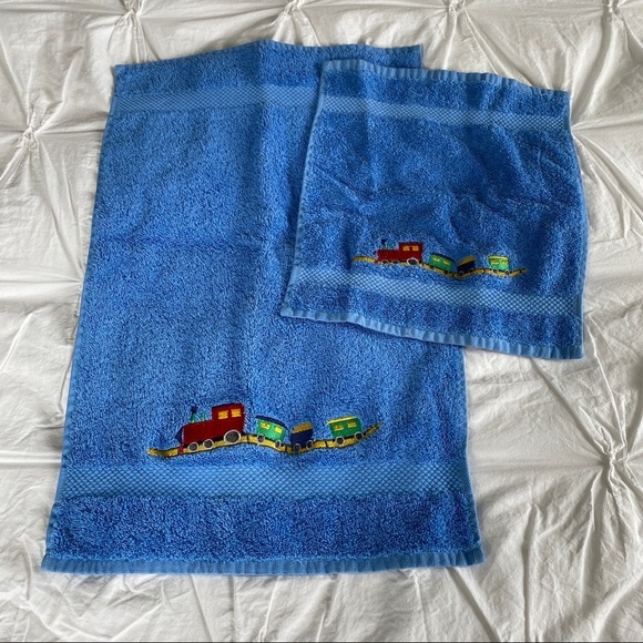 Vintage Aegean Apparel Turkish Cotton Embroidered Train Hand Towel & Washcloth - Picture 1 of 4